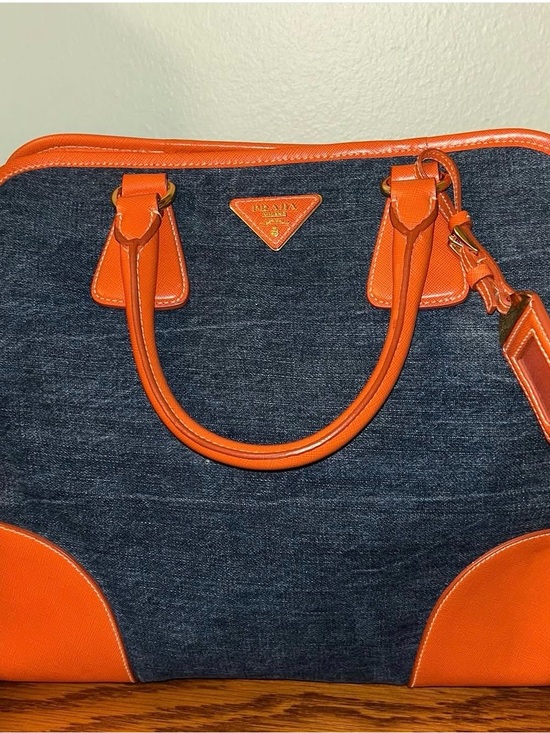 Prada Handbags - Prada Dark Denim Satchel with Bright Orange Leather Trim